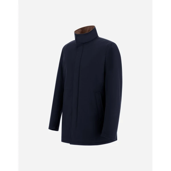 Herno Mélange Twill and Suede Effect Coat in Navy Blue | Men's Coats | Luxury Shoes 