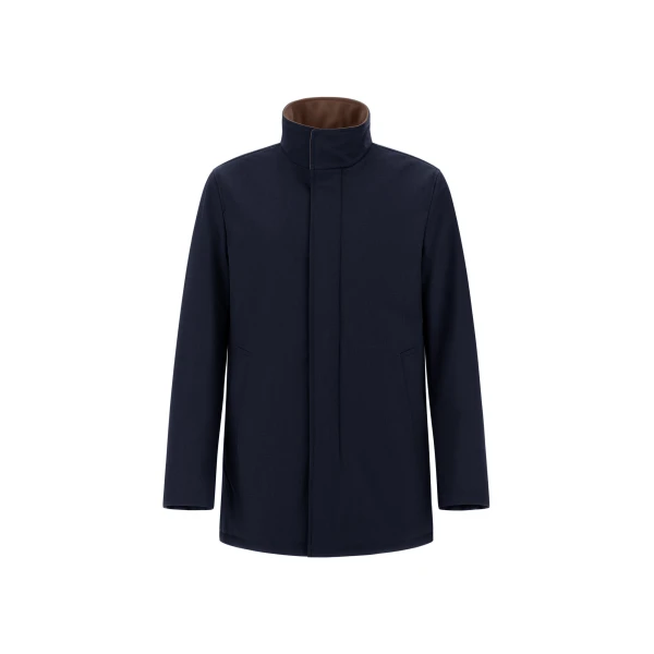 Herno Mélange Twill and Suede Effect Coat in Navy Blue | Men's Coats | Luxury Shoes 