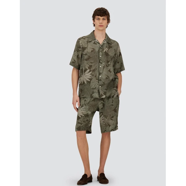 Herno Military and Sage Cargo Shorts in Fade-Effect Linen with Tropical Print | Men's Trousers | Luxury Shoes 