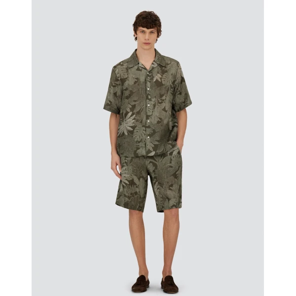 Herno Military and Sage Resort Shirt in Linen with Tropical Print | Men's Shirts | Luxury Shoes 