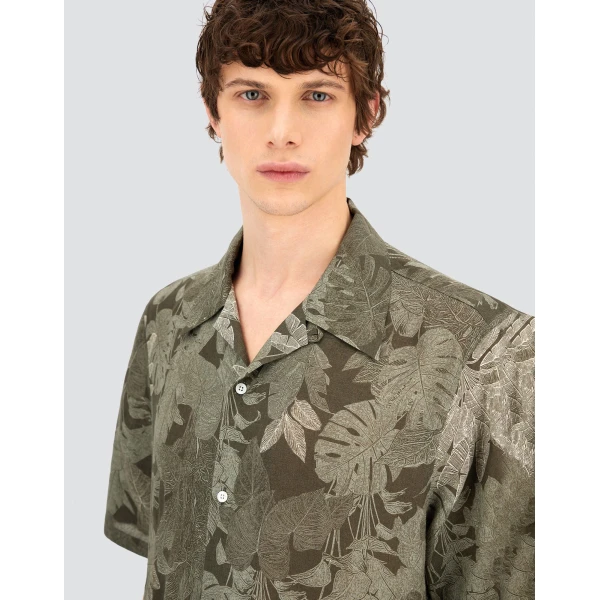 Herno Military and Sage Resort Shirt in Linen with Tropical Print | Men's Shirts | Luxury Shoes 