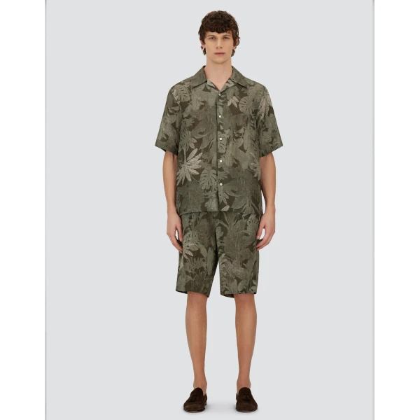 Herno Military and Sage Resort Shirt in Linen with Tropical Print | Men's Shirts | Luxury Shoes 