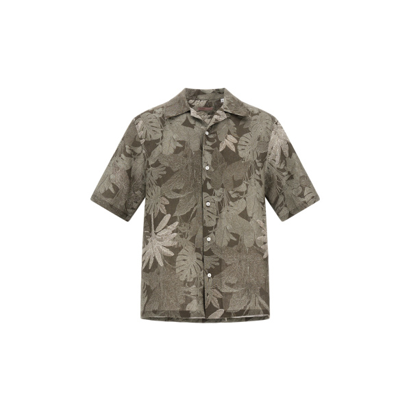 Herno Military and Sage Resort Shirt in Linen with Tropical Print | Men's Shirts | Luxury Shoes 