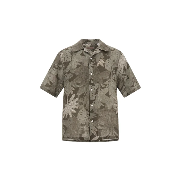 Herno Military and Sage Resort Shirt in Linen with Tropical Print | Men's Shirts | Luxury Shoes 