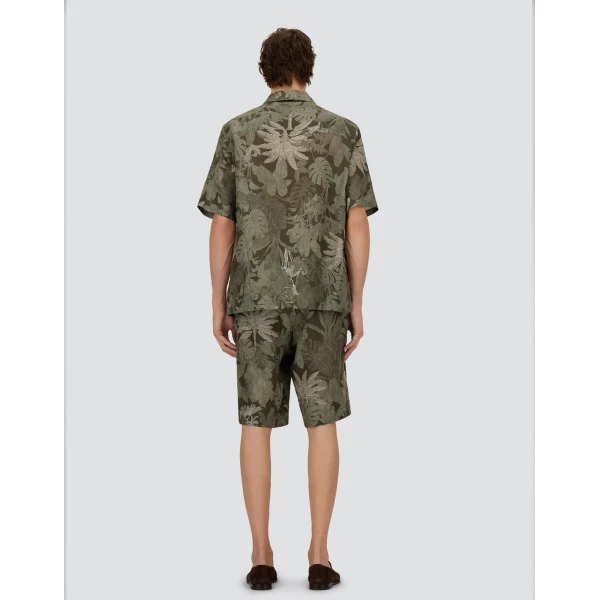 Herno Military and Sage Resort Shirt in Linen with Tropical Print | Men's Shirts | Luxury Shoes 