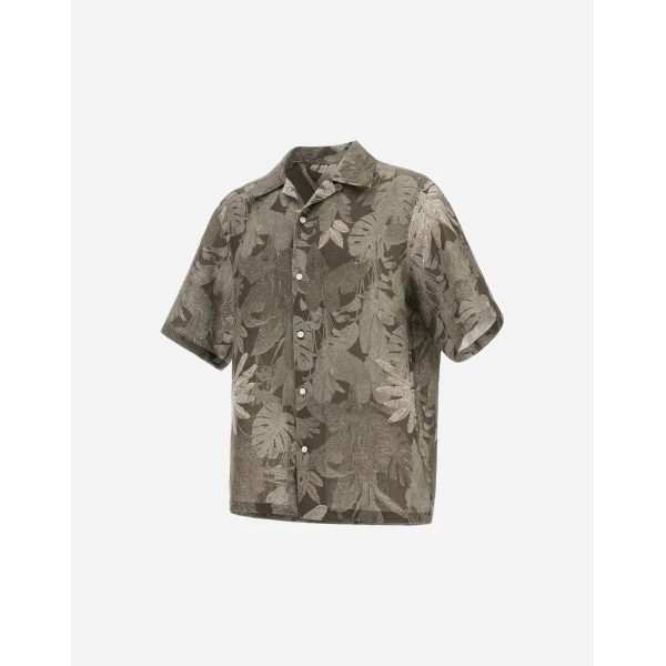 Herno Military and Sage Resort Shirt in Linen with Tropical Print | Men's Shirts | Luxury Shoes 