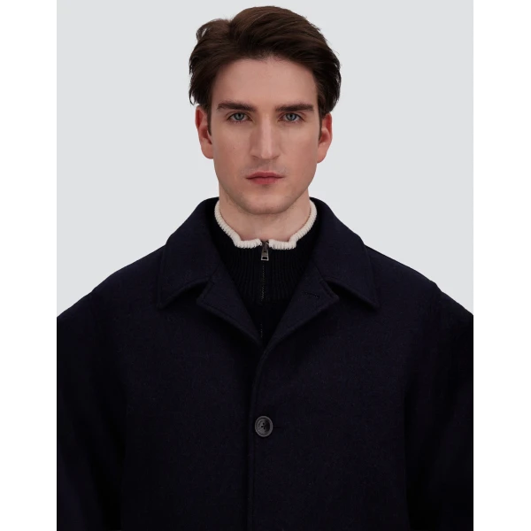 Herno Navy Blue Coat in Diagonal Wool Fabric | Men's Coats | Luxury Shoes 