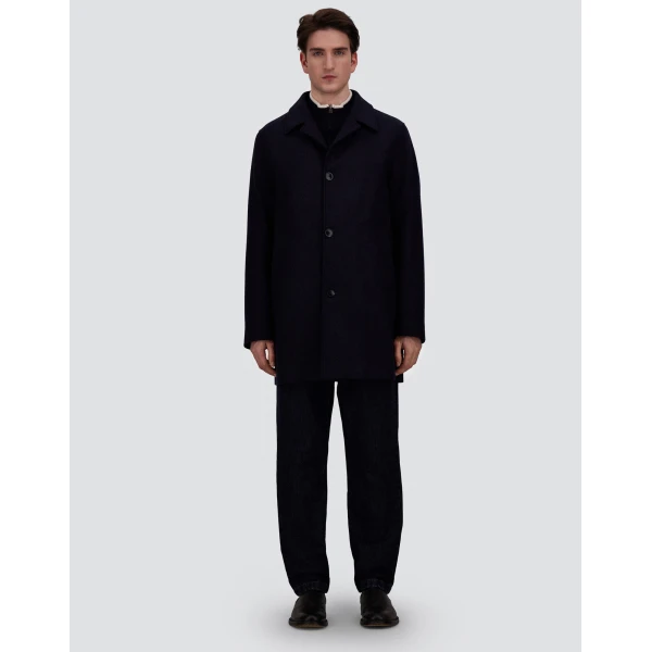 Herno Navy Blue Coat in Diagonal Wool Fabric | Men's Coats | Luxury Shoes 