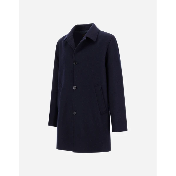 Herno Navy Blue Coat in Diagonal Wool Fabric | Men's Coats | Luxury Shoes 