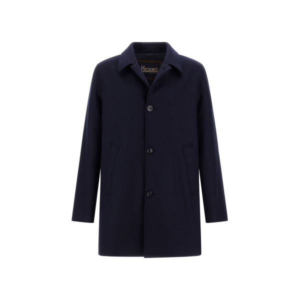 Herno Navy Blue Coat in Diagonal Wool Fabric | Men's Coats | Luxury Shoes 