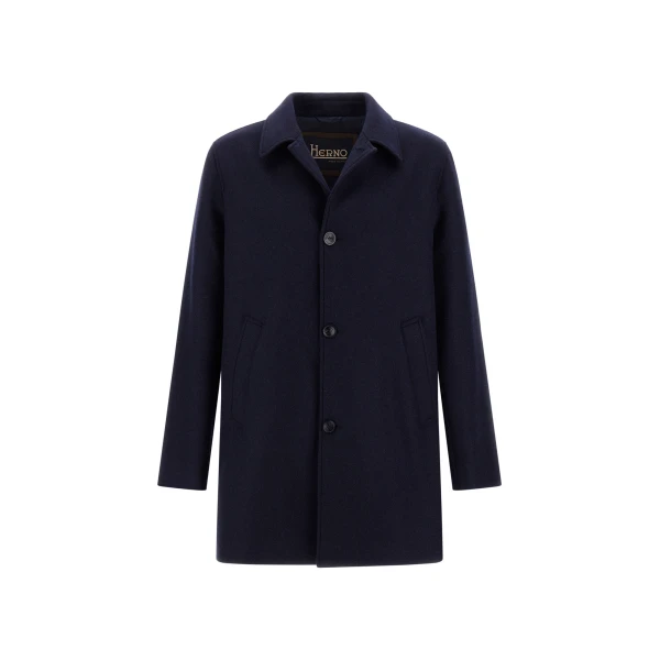 Herno Navy Blue Coat in Diagonal Wool Fabric | Men's Coats | Luxury Shoes 