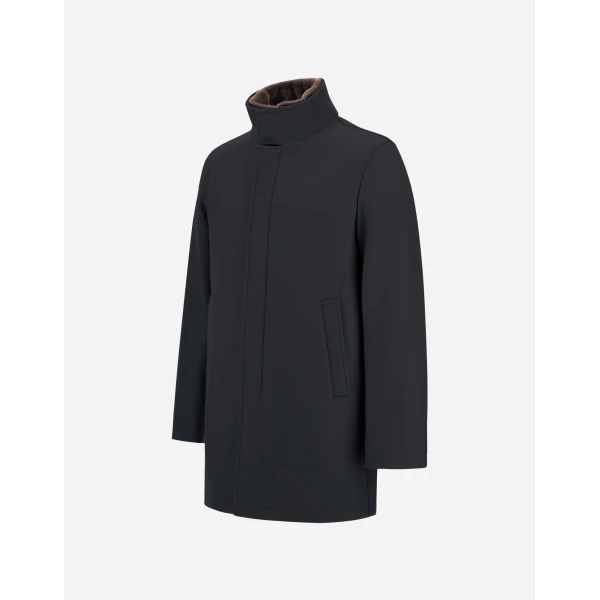 Herno Navy Blue Coat in Ecowool and Light Faux Fur | Men's Coats | Luxury Shoes 