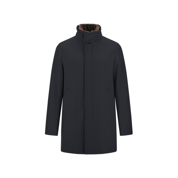 Herno Navy Blue Coat in Ecowool and Light Faux Fur | Men's Coats | Luxury Shoes 