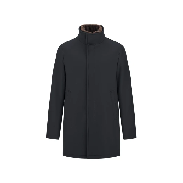 Herno Navy Blue Coat in Ecowool and Light Faux Fur | Men's Coats | Luxury Shoes 