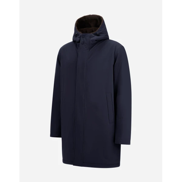 Herno Navy Blue Parka in Matte Twill and Light Faux Fur | Men's Coats | Luxury Shoes 