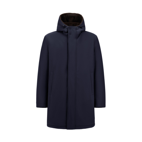 Herno Navy Blue Parka in Matte Twill and Light Faux Fur | Men's Coats | Luxury Shoes 