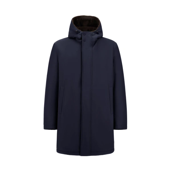 Herno Navy Blue Parka in Matte Twill and Light Faux Fur | Men's Coats | Luxury Shoes 