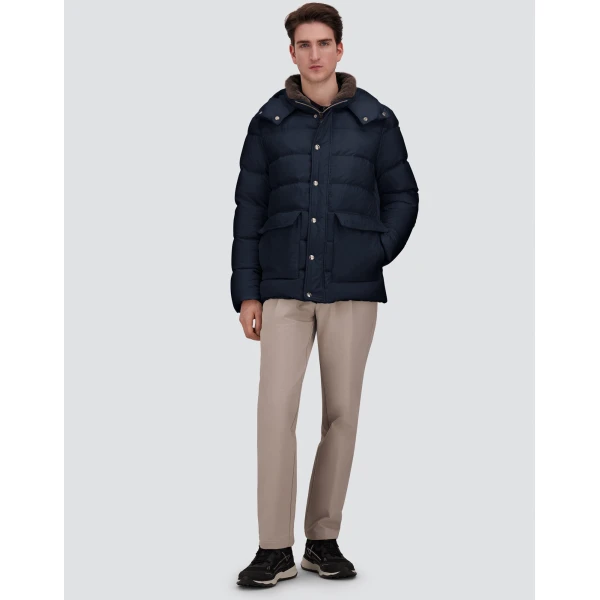 Herno Navy Blue Parka in Super-Matt Technical Fabric with Monogram | Men's Coats | Luxury Shoes 