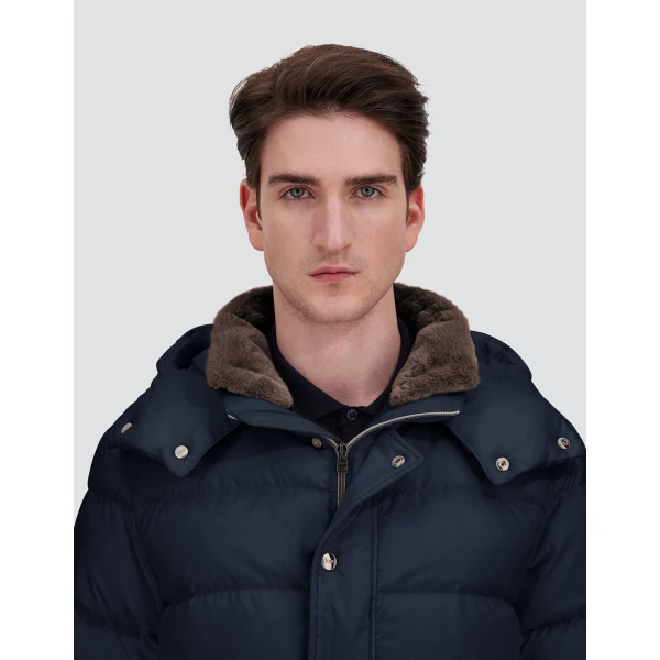 Herno Navy Blue Parka in Super-Matt Technical Fabric with Monogram | Men's Coats | Luxury Shoes 