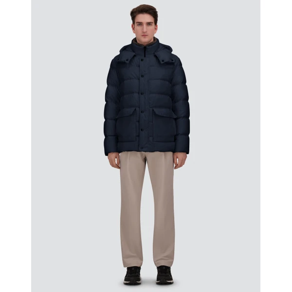 Herno Navy Blue Parka in Super-Matt Technical Fabric with Monogram | Men's Coats | Luxury Shoes 