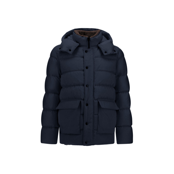 Herno Navy Blue Parka in Super-Matt Technical Fabric with Monogram | Men's Coats | Luxury Shoes 