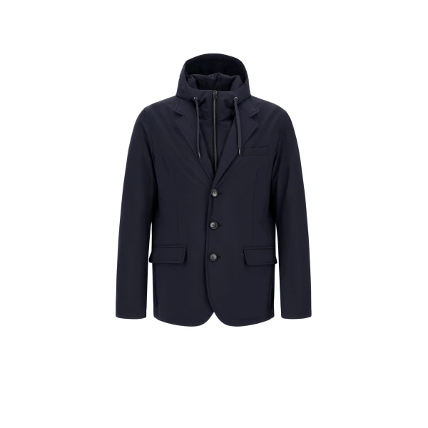 Herno Navy Blue Resort Blazer in Melange-Effect Stretch Nylon | Men's Jackets | Luxury Shoes 