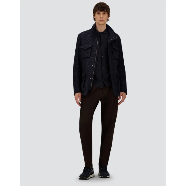 Herno Navy Blue Resort Field Jacket in Bouclé Wool Fabric and Suede-Effect Microfibre | Men's Jackets | Luxury Shoes 