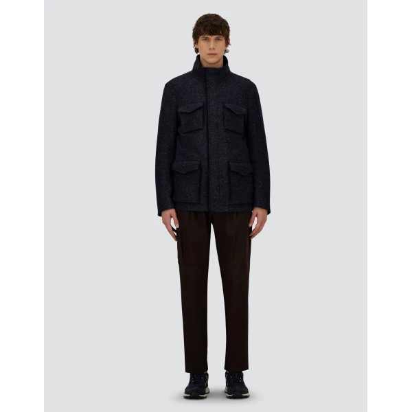 Herno Navy Blue Resort Field Jacket in Bouclé Wool Fabric and Suede-Effect Microfibre | Men's Jackets | Luxury Shoes 