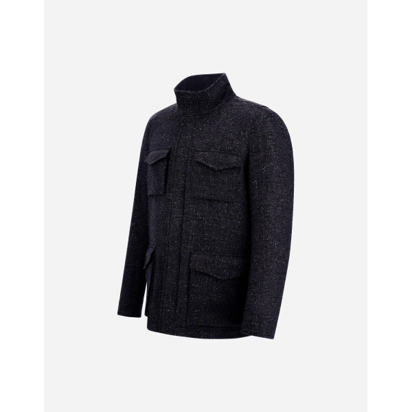 Herno Navy Blue Resort Field Jacket in Bouclé Wool Fabric and Suede-Effect Microfibre | Men's Jackets | Luxury Shoes 