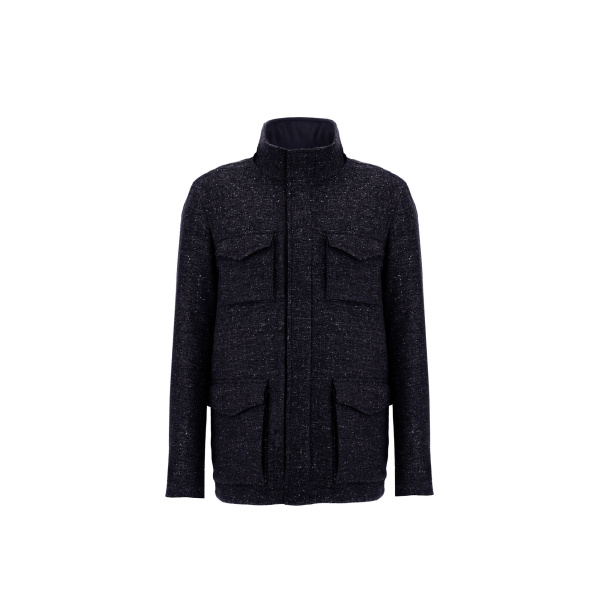 Herno Navy Blue Resort Field Jacket in Bouclé Wool Fabric and Suede-Effect Microfibre | Men's Jackets | Luxury Shoes 
