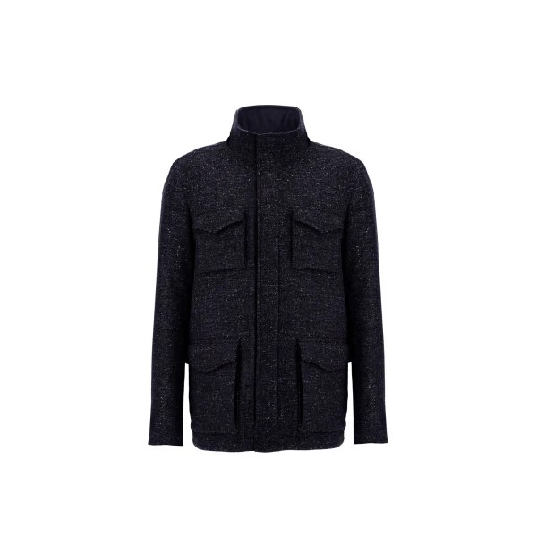 Herno Navy Blue Resort Field Jacket in Bouclé Wool Fabric and Suede-Effect Microfibre | Men's Jackets | Luxury Shoes 