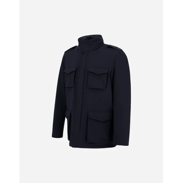 Herno Navy Blue Resort Field Jacket in Bouclé Wool and Technical Stretch Fabric | Men's Jackets | Luxury Shoes 