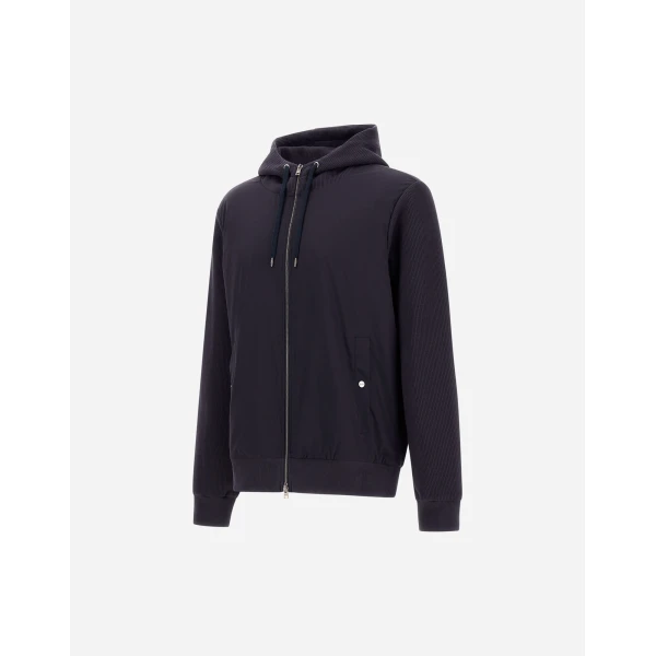 Herno Navy Blue Resort Hooded Jacket in Cotton Interlock and Travel Nylon Ponente | Men's Jackets | Luxury Shoes 