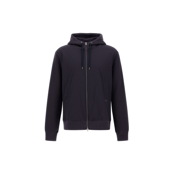 Herno Navy Blue Resort Hooded Jacket in Cotton Interlock and Travel Nylon Ponente | Men's Jackets | Luxury Shoes 