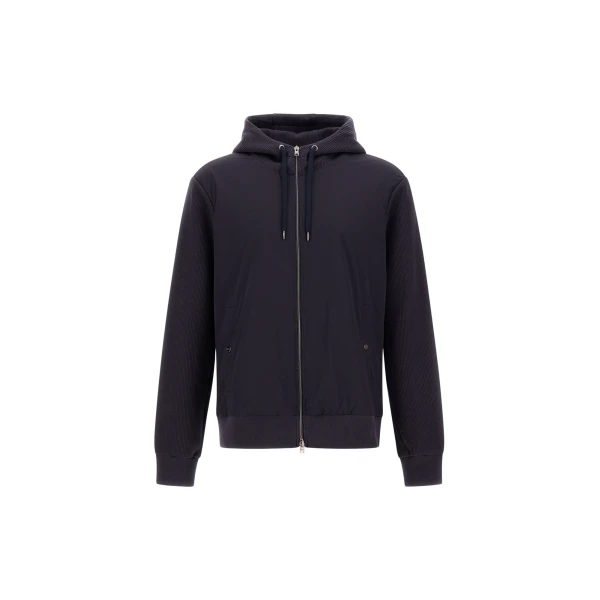 Herno Navy Blue Resort Hooded Jacket in Cotton Interlock and Travel Nylon Ponente | Men's Jackets | Luxury Shoes 