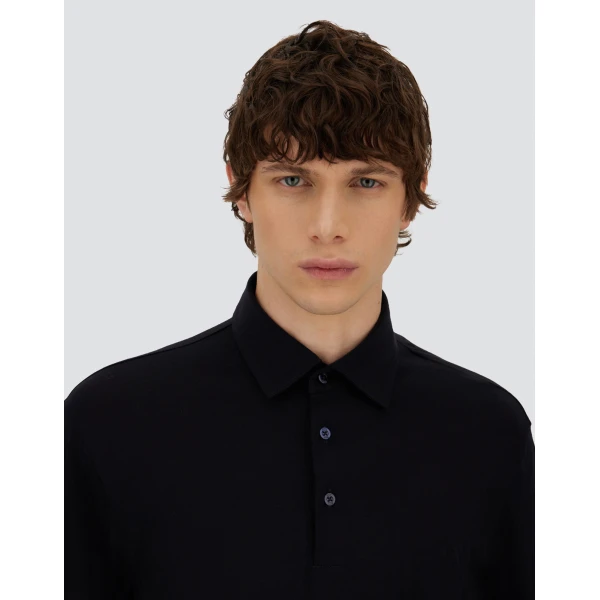 Herno Navy Blue Resort Long-Sleeve Polo Shirt in Wool Jersey with a Shiny Finish | Men's T-Shirts and Polos | Luxury Shoes 