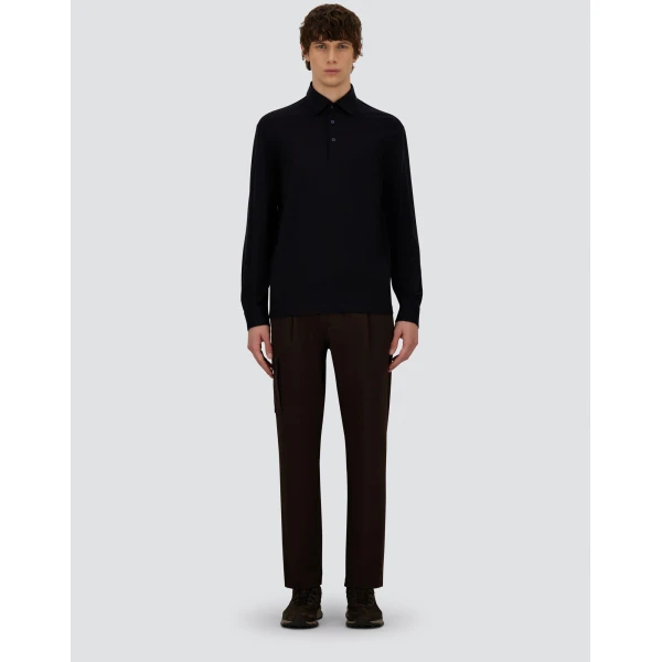 Herno Navy Blue Resort Long-Sleeve Polo Shirt in Wool Jersey with a Shiny Finish | Men's T-Shirts and Polos | Luxury Shoes 