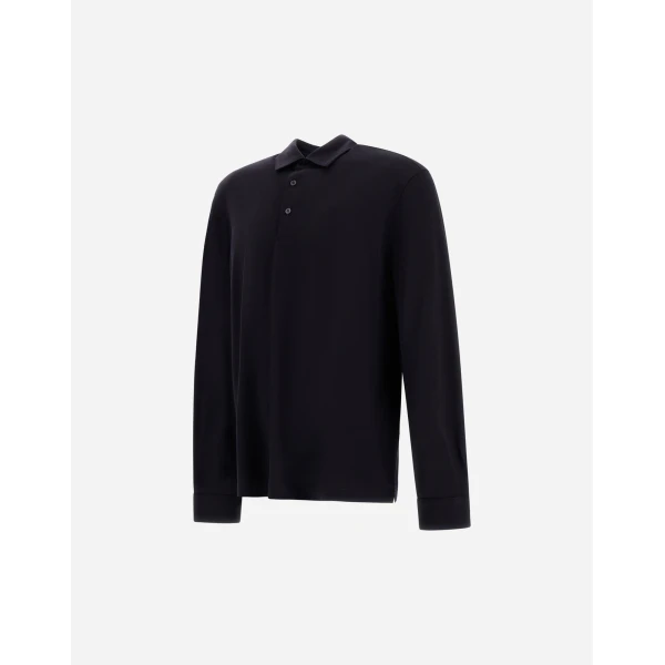Herno Navy Blue Resort Long-Sleeve Polo Shirt in Wool Jersey with a Shiny Finish | Men's T-Shirts and Polos | Luxury Shoes 