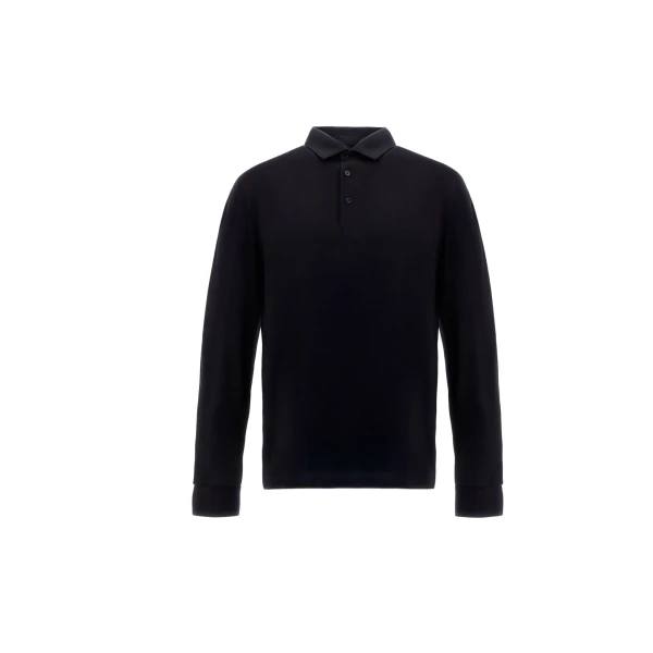 Herno Navy Blue Resort Long-Sleeve Polo Shirt in Wool Jersey with a Shiny Finish | Men's T-Shirts and Polos | Luxury Shoes 