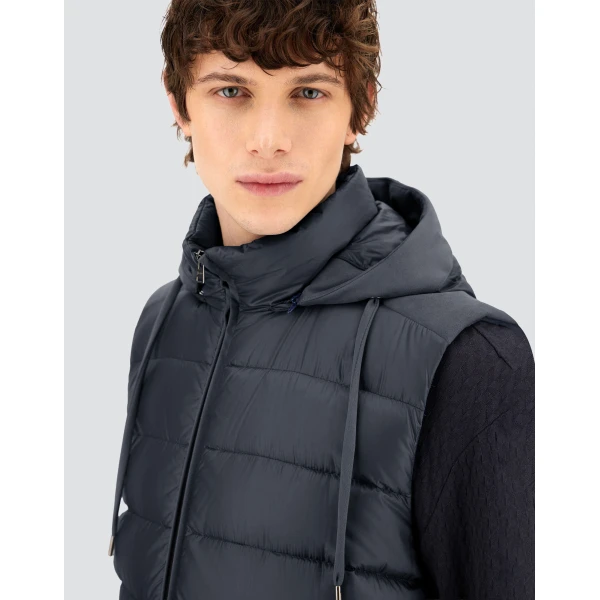 Herno Navy Blue Resort Vest in Ultralight Nylon and Suede-Effect Microfibre | Men's Jackets | Luxury Shoes 