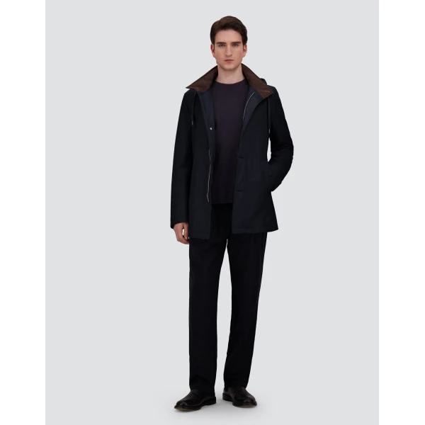 Herno Navy Blue Short Parka in Wool, Silk and Suede Effect | Men's Coats | Luxury Shoes 