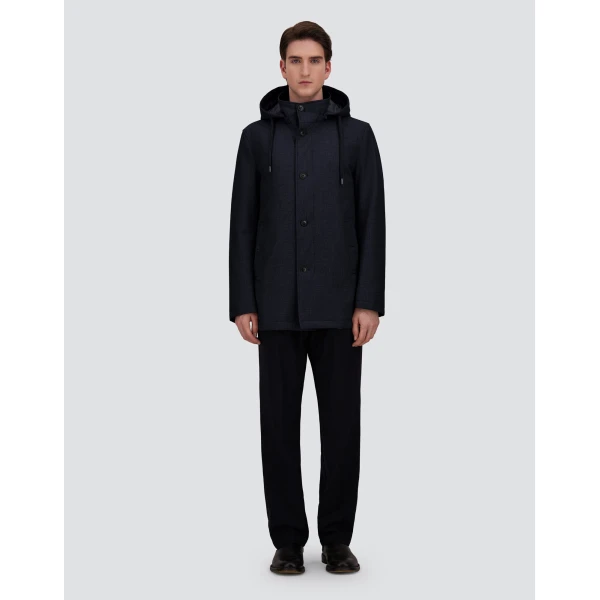 Herno Navy Blue Short Parka in Wool, Silk and Suede Effect | Men's Coats | Luxury Shoes 