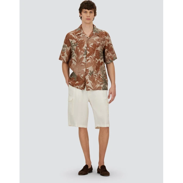 Herno Orange and Military Resort Shirt in Linen with Tropical Print | Men's Shirts | Luxury Shoes 