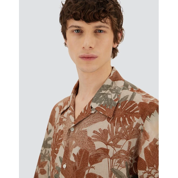Herno Orange and Military Resort Shirt in Linen with Tropical Print | Men's Shirts | Luxury Shoes 