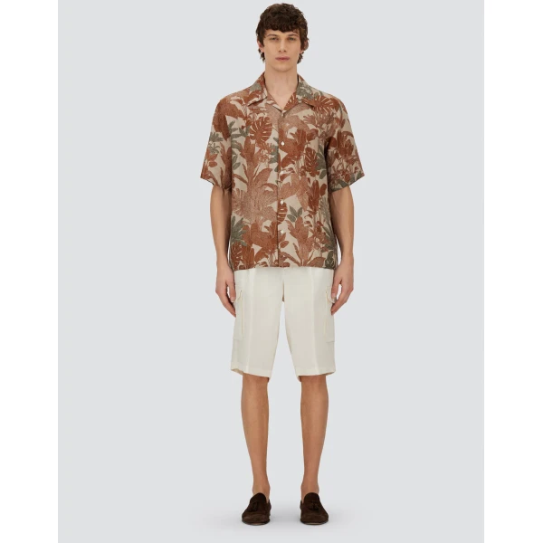 Herno Orange and Military Resort Shirt in Linen with Tropical Print | Men's Shirts | Luxury Shoes 