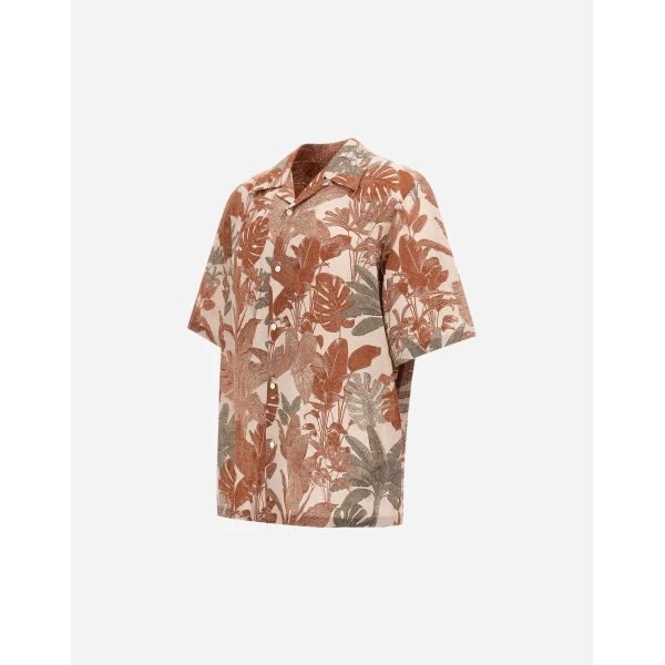 Herno Orange and Military Resort Shirt in Linen with Tropical Print | Men's Shirts | Luxury Shoes 