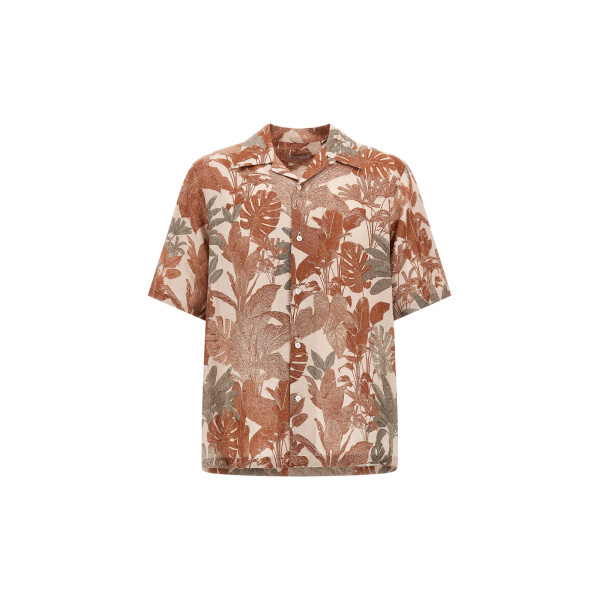 Herno Orange and Military Resort Shirt in Linen with Tropical Print | Men's Shirts | Luxury Shoes 