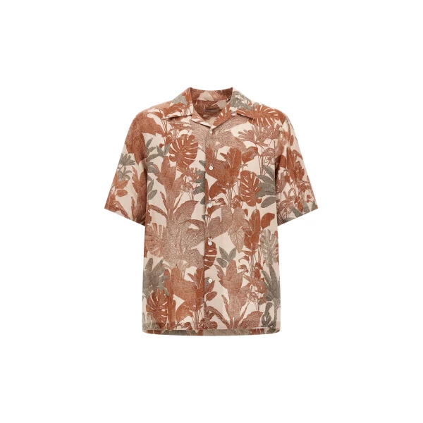 Herno Orange and Military Resort Shirt in Linen with Tropical Print | Men's Shirts | Luxury Shoes 