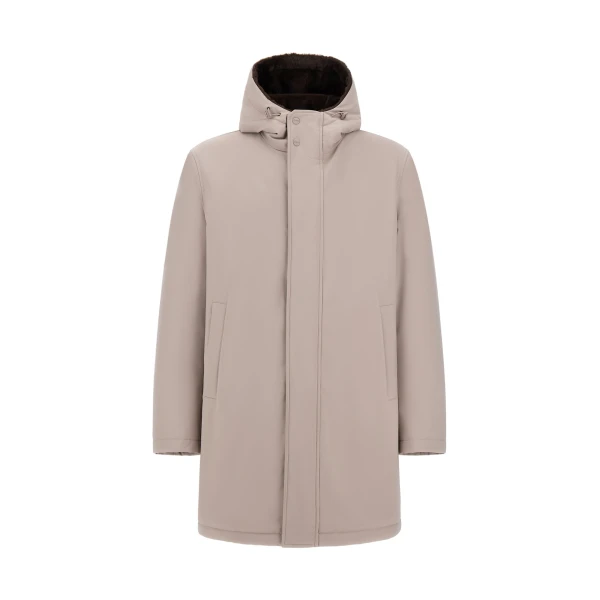 Herno Pearl Grey Parka in Matte Twill and Light Faux Fur | Men's Coats | Luxury Shoes 