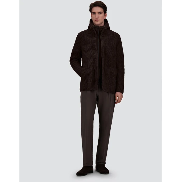 Herno Wool Jacket with Raised Texture and Cable-Knit Detailing in Dark Brown | Men's Jackets | Luxury Shoes 